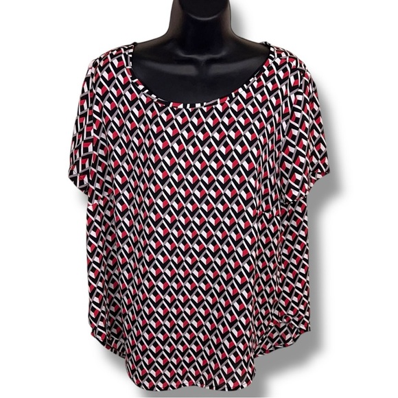 Petite XL Simply Styled Geometric Print Blouse Short Sleeve Red Black White - Picture 1 of 14